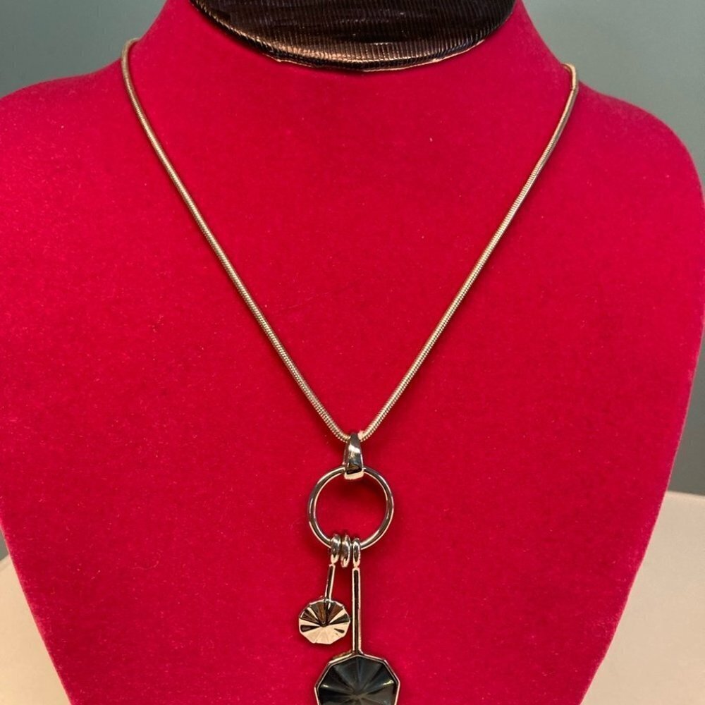 NECKLACE Geometric Duo w/ Cloisonné Style Insert on Larger Piece Silver Toned